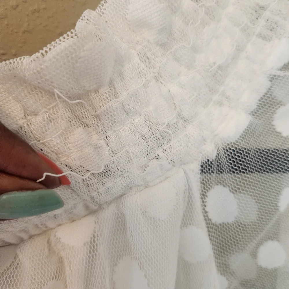 White polka dot bell sleeve dress. Stretchy collar that can be worn off shoulder - Picture 8 of 11